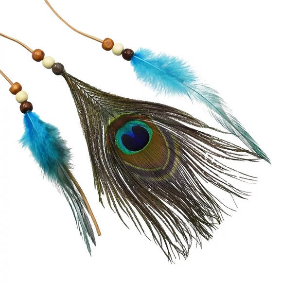 Boho Peacock & Blue Feather Dreamcatcher Headdress - Picture 5 of 11